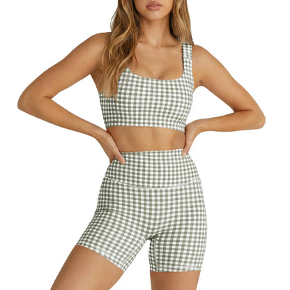 Aoysky Women'S 2 Piece Athleisure Wear Sets - Padded Open Back Gingham Crop Tank, High Waisted Seamless Sports Shorts, Sporty Style Workout Gym Clothing for Yoga