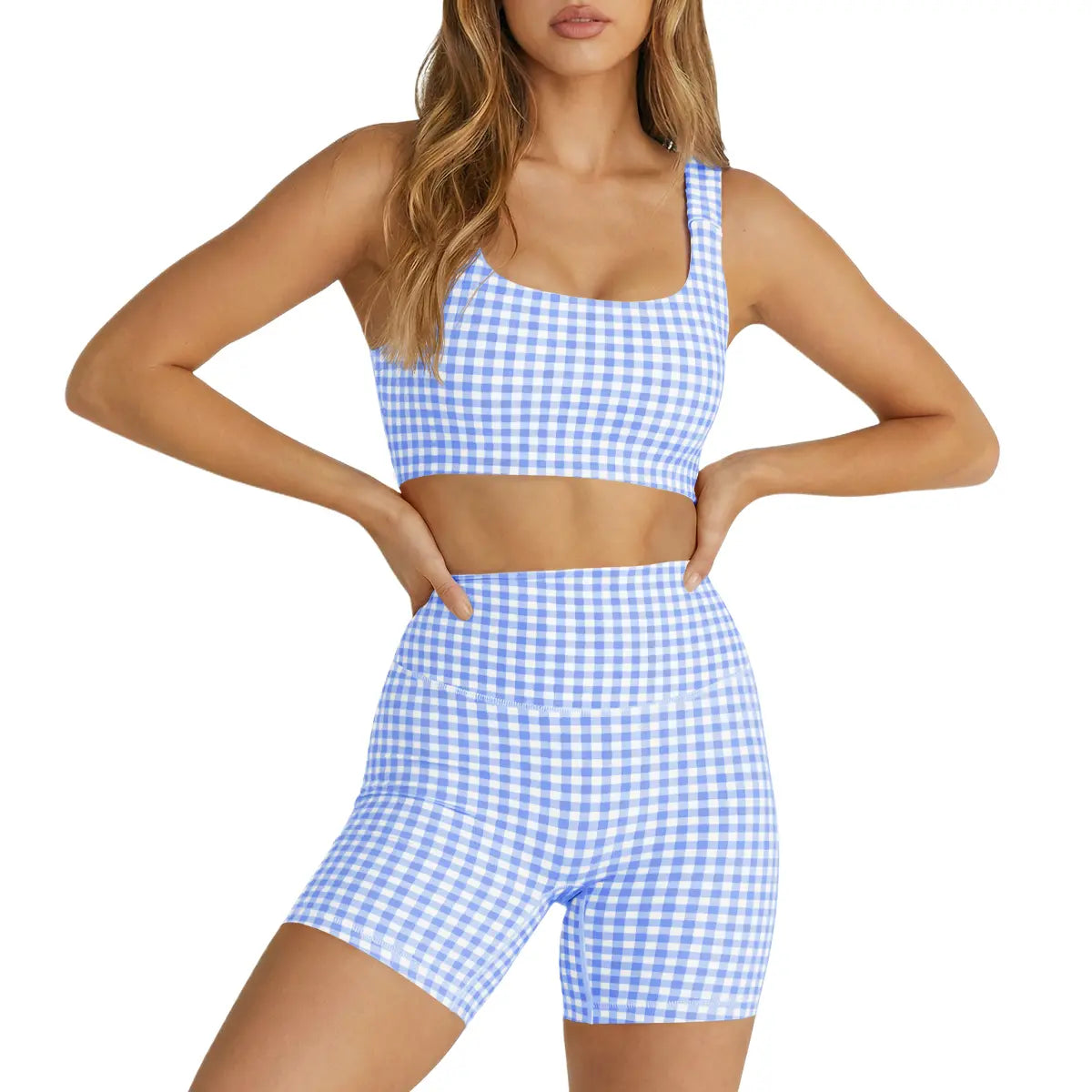 Aoysky Women'S 2 Piece Athleisure Wear Sets - Padded Open Back Gingham Crop Tank, High Waisted Seamless Sports Shorts, Sporty Style Workout Gym Clothing for Yoga