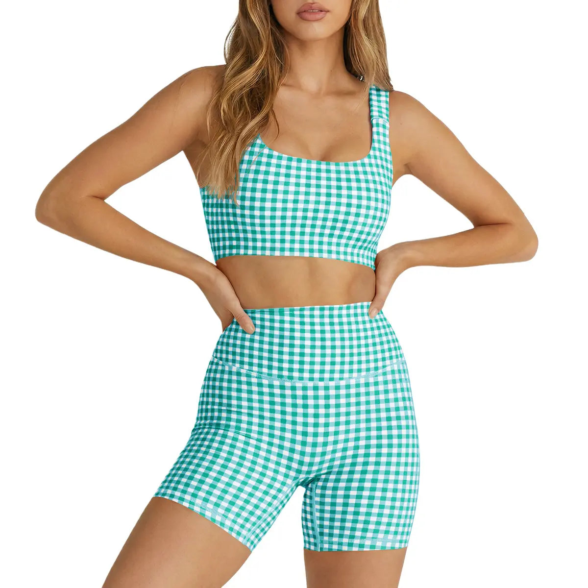 Aoysky Women'S 2 Piece Athleisure Wear Sets - Padded Open Back Gingham Crop Tank, High Waisted Seamless Sports Shorts, Sporty Style Workout Gym Clothing for Yoga