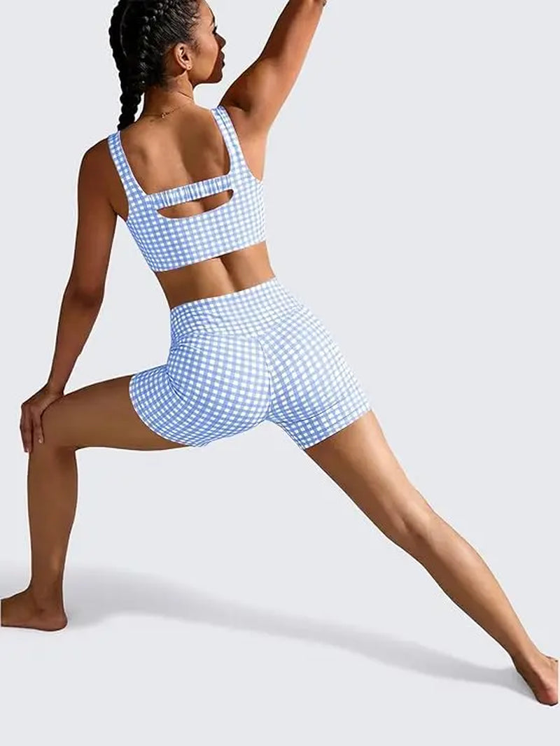 Aoysky Women'S 2 Piece Athleisure Wear Sets - Padded Open Back Gingham Crop Tank, High Waisted Seamless Sports Shorts, Sporty Style Workout Gym Clothing for Yoga