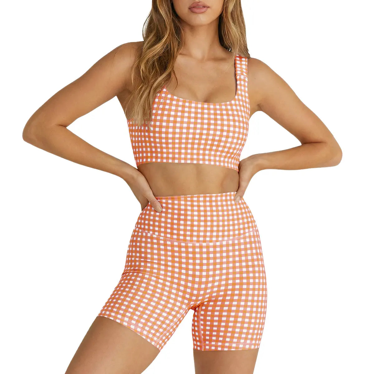 Aoysky Women'S 2 Piece Athleisure Wear Sets - Padded Open Back Gingham Crop Tank, High Waisted Seamless Sports Shorts, Sporty Style Workout Gym Clothing for Yoga