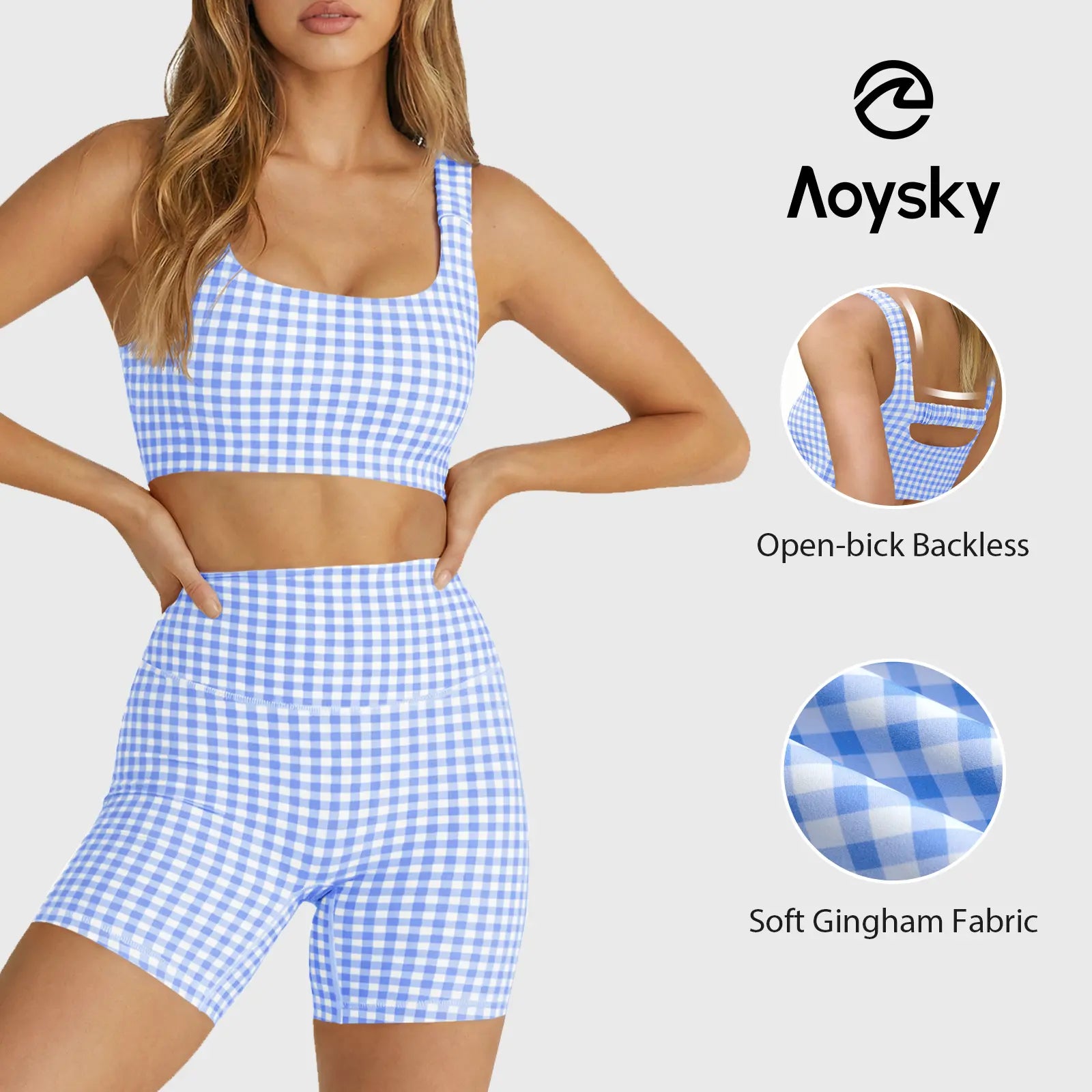 Aoysky Women'S 2 Piece Athleisure Wear Sets - Padded Open Back Gingham Crop Tank, High Waisted Seamless Sports Shorts, Sporty Style Workout Gym Clothing for Yoga