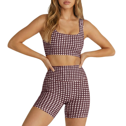 Aoysky Women'S 2 Piece Athleisure Wear Sets - Padded Open Back Gingham Crop Tank, High Waisted Seamless Sports Shorts, Sporty Style Workout Gym Clothing for Yoga