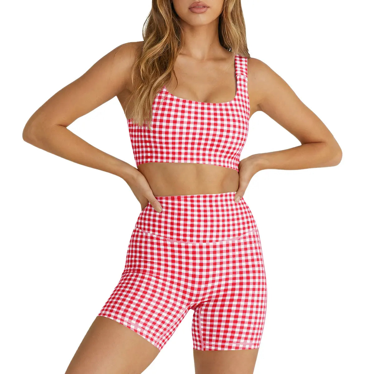Aoysky Women'S 2 Piece Athleisure Wear Sets - Padded Open Back Gingham Crop Tank, High Waisted Seamless Sports Shorts, Sporty Style Workout Gym Clothing for Yoga