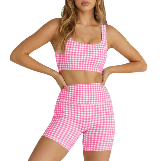 Aoysky Women'S 2 Piece Athleisure Wear Sets - Padded Open Back Gingham Crop Tank, High Waisted Seamless Sports Shorts, Sporty Style Workout Gym Clothing for Yoga