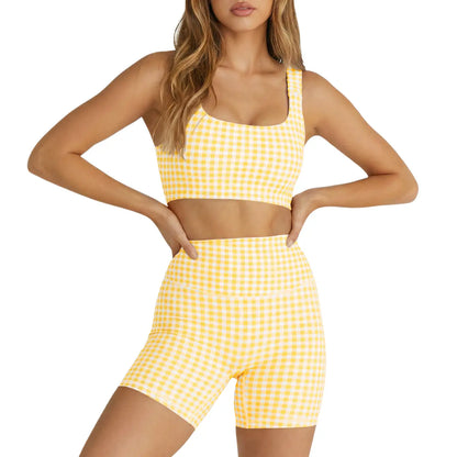 Aoysky Women'S 2 Piece Athleisure Wear Sets - Padded Open Back Gingham Crop Tank, High Waisted Seamless Sports Shorts, Sporty Style Workout Gym Clothing for Yoga