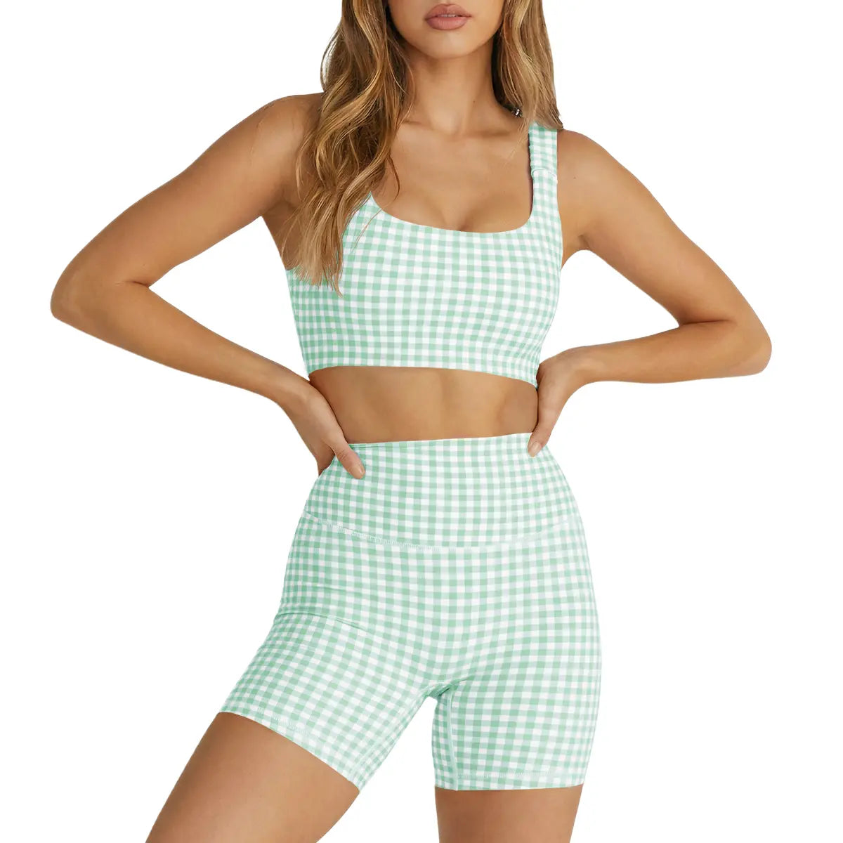 Aoysky Women'S 2 Piece Athleisure Wear Sets - Padded Open Back Gingham Crop Tank, High Waisted Seamless Sports Shorts, Sporty Style Workout Gym Clothing for Yoga
