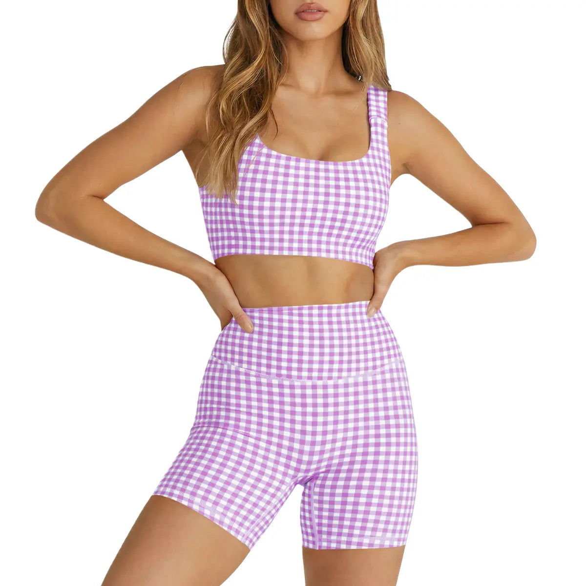 Aoysky Women'S 2 Piece Athleisure Wear Sets - Padded Open Back Gingham Crop Tank, High Waisted Seamless Sports Shorts, Sporty Style Workout Gym Clothing for Yoga