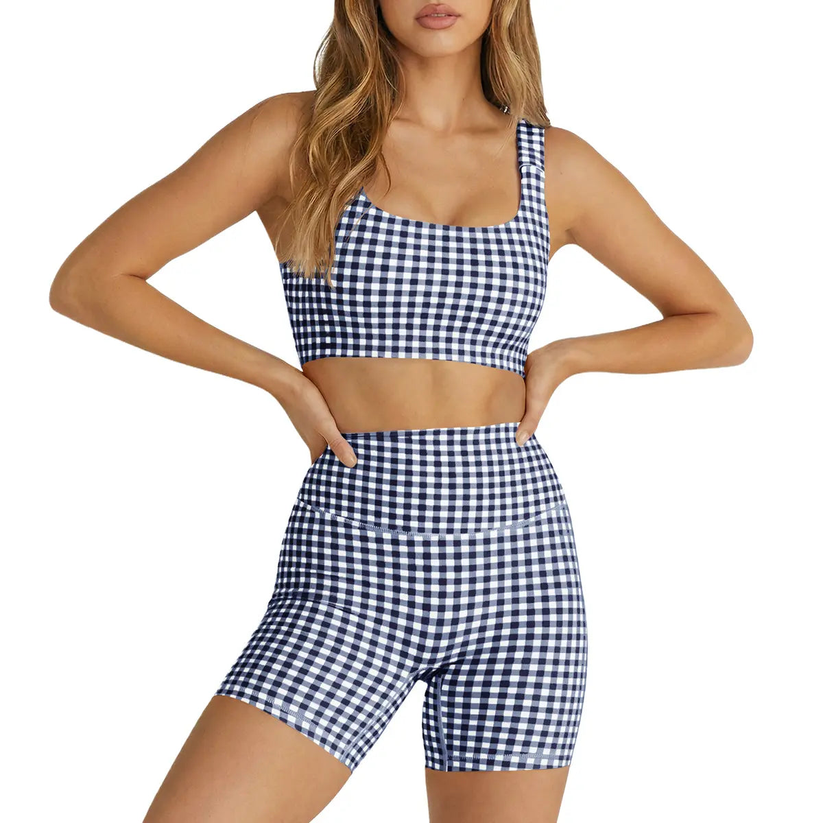 Aoysky Women'S 2 Piece Athleisure Wear Sets - Padded Open Back Gingham Crop Tank, High Waisted Seamless Sports Shorts, Sporty Style Workout Gym Clothing for Yoga