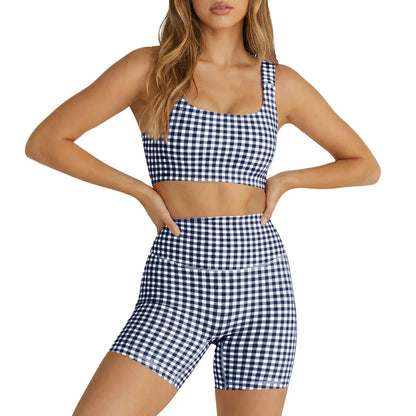 Aoysky Women'S 2 Piece Athleisure Wear Sets - Padded Open Back Gingham Crop Tank, High Waisted Seamless Sports Shorts, Sporty Style Workout Gym Clothing for Yoga