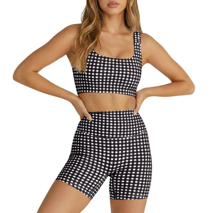Aoysky Women'S 2 Piece Athleisure Wear Sets - Padded Open Back Gingham Crop Tank, High Waisted Seamless Sports Shorts, Sporty Style Workout Gym Clothing for Yoga