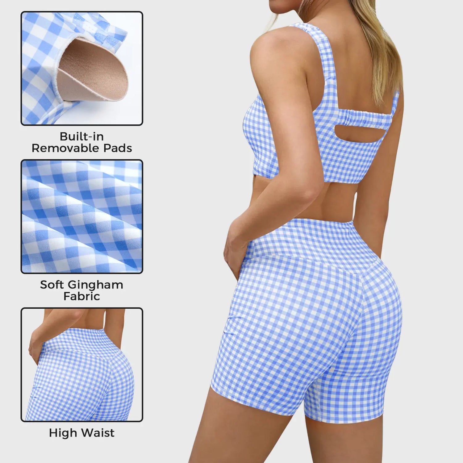 Aoysky Women'S 2 Piece Athleisure Wear Sets - Padded Open Back Gingham Crop Tank, High Waisted Seamless Sports Shorts, Sporty Style Workout Gym Clothing for Yoga